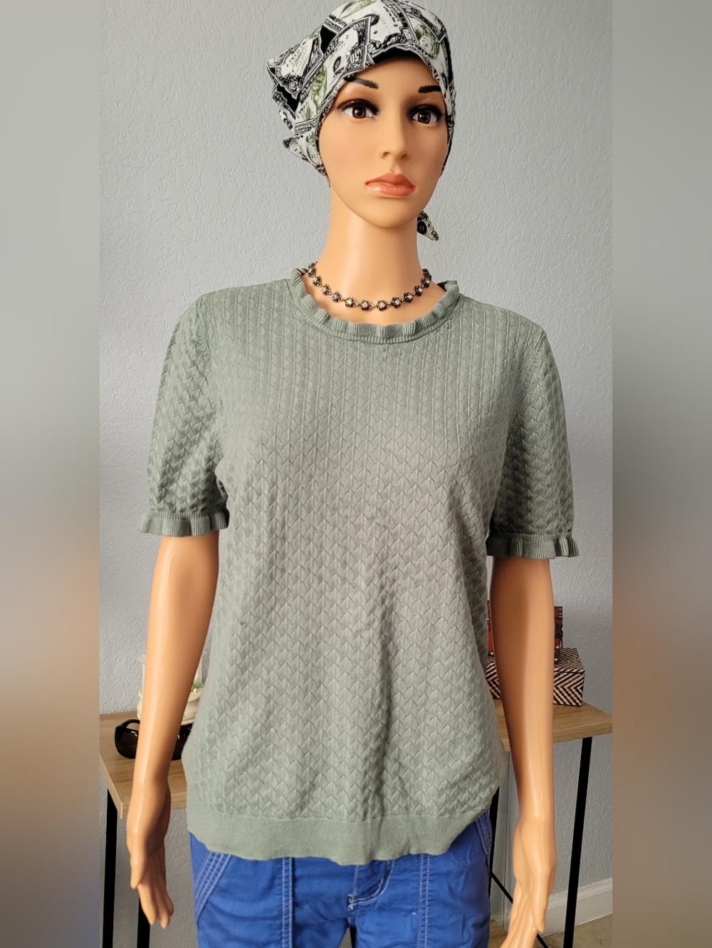 Marlet By Reunited Clothing Green Olive Textured Sage Short Sleeve Knit Top